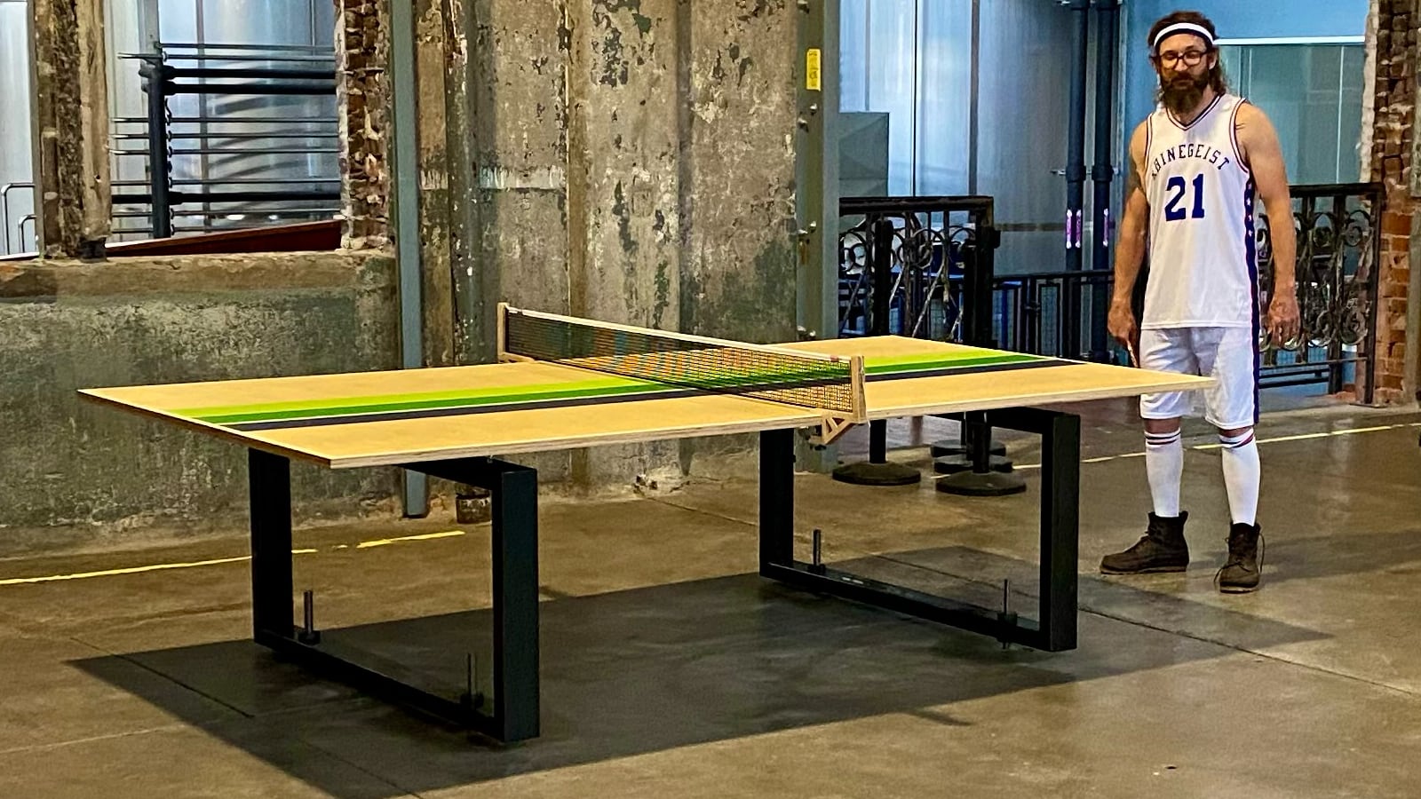 Table installed in taproom with Acme threaded rod