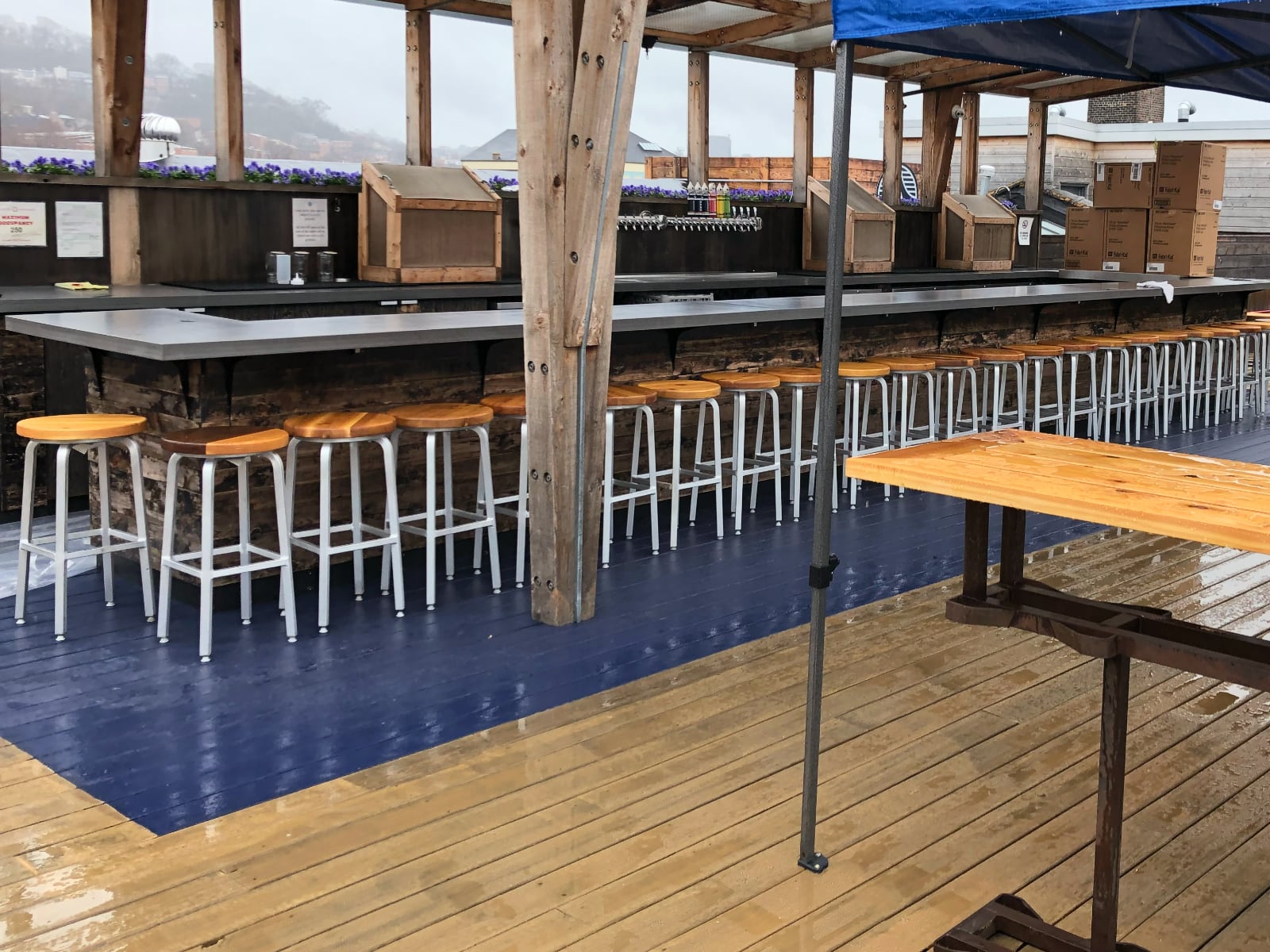 Barstools installed on Rhinegeist&rsquo;s rooftop bar