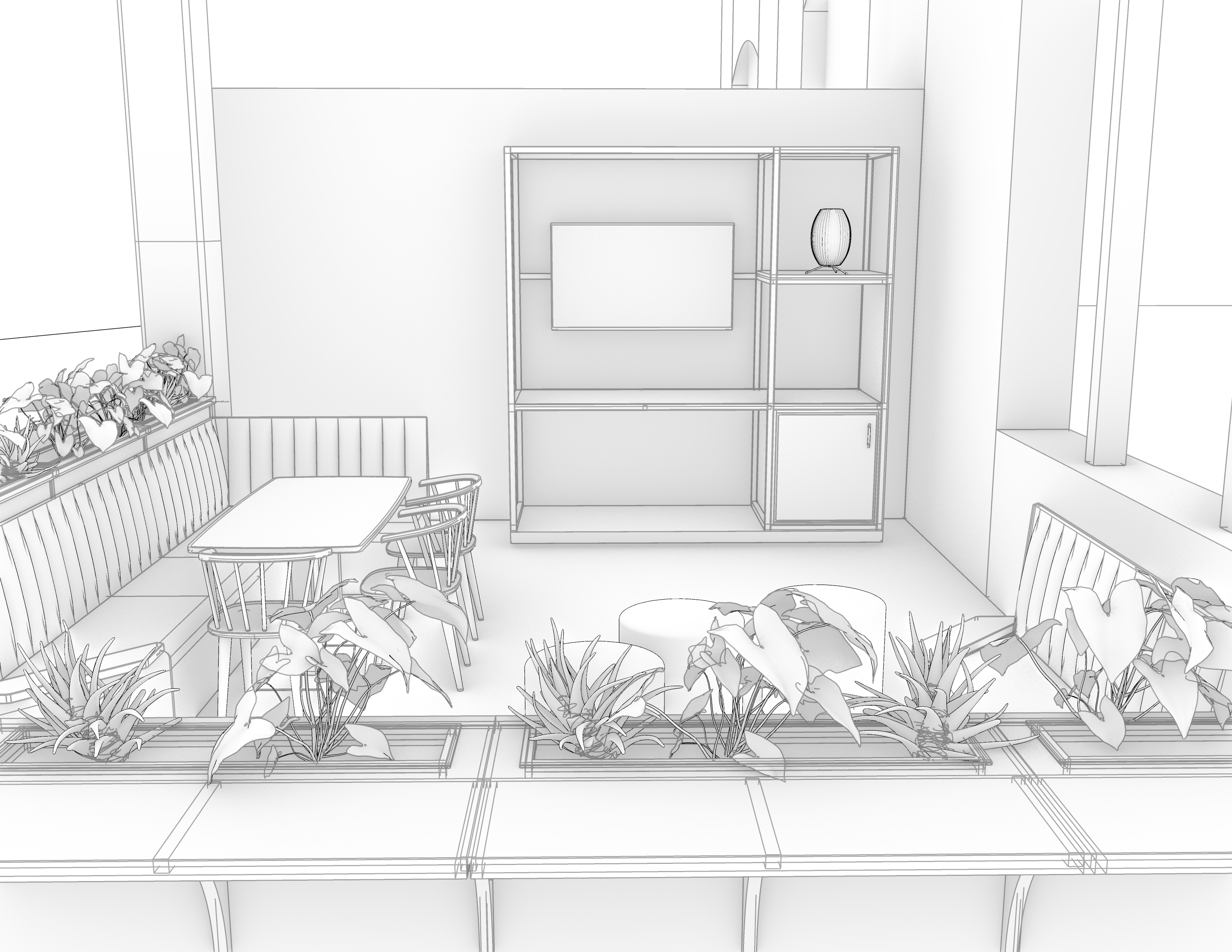 CAD render of the space, focused on the media cabinet
